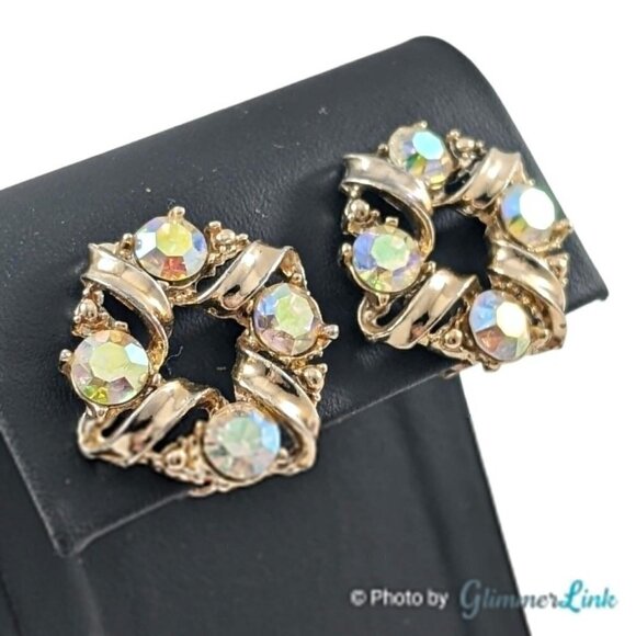 Vintage AB Aurora Borealis Circular Wreath Gold Tone Clip On Earrings - Picture 1 of 8